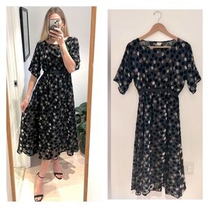 Handmade Velvet Velour Silver Black Polka Dot Maxi Midi Mesh Lined Dress